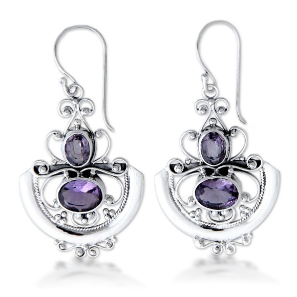Novica Amethyst “Balinese Goddess” Silver dangle earrings- New in box